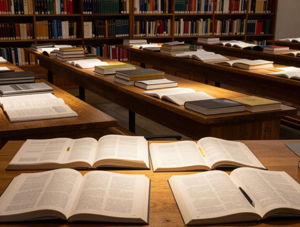 Wide reading room with rows of open journals and reference books on long wooden tables, dramatic overhead lighting casting warm pools of light, quiet scholarly atmosphere suggesting organised research and editorial curation