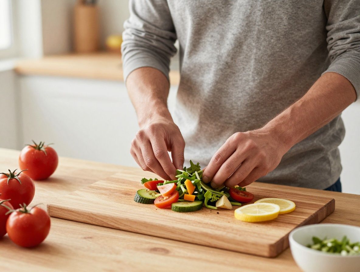 Man preparing a simple healthy meal in a bright modern kitchen, natural ingredients on a wooden chopping board, calm domestic scene with warm natural light and clean surfaces