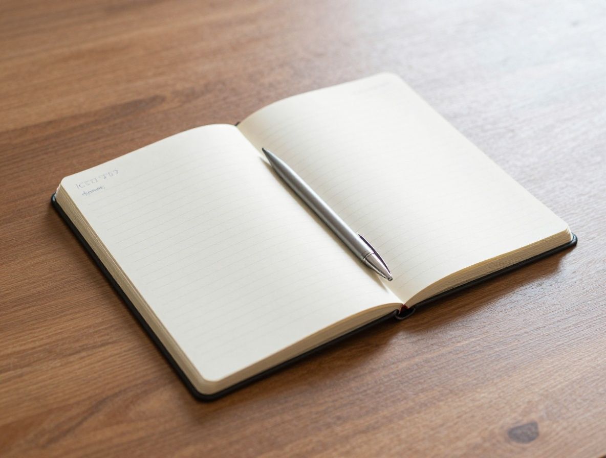 Open notebook with handwritten financial notes and a simple pen on a polished wooden surface, soft diffused office light, clean editorial still life composition