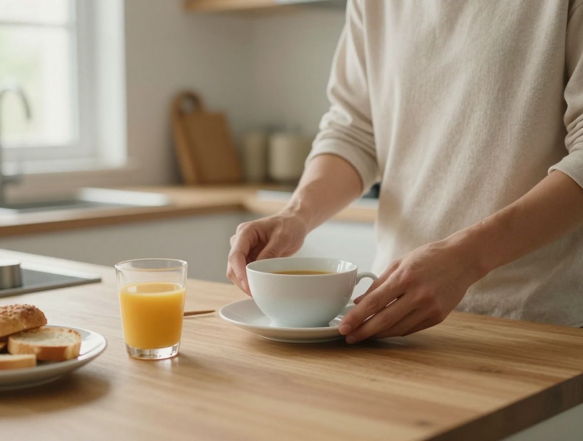 Man tying the laces of running shoes on an outdoor wooden bench at sunrise, athletic clothing, calm park environment with green trees in soft background blur, natural morning light