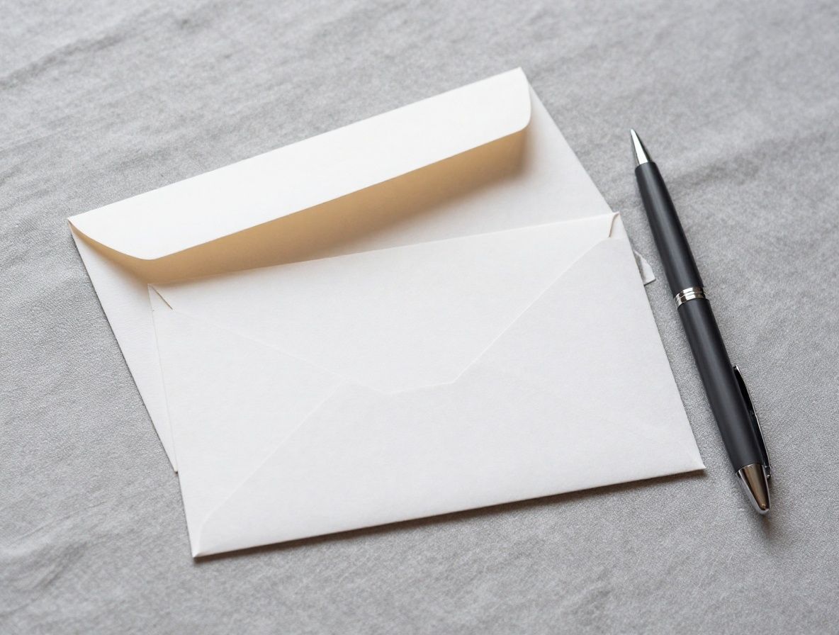 Abstract view of two open envelopes on a grey linen surface with a pen beside them, soft diffused light, minimal composition suggesting written correspondence and thoughtful communication