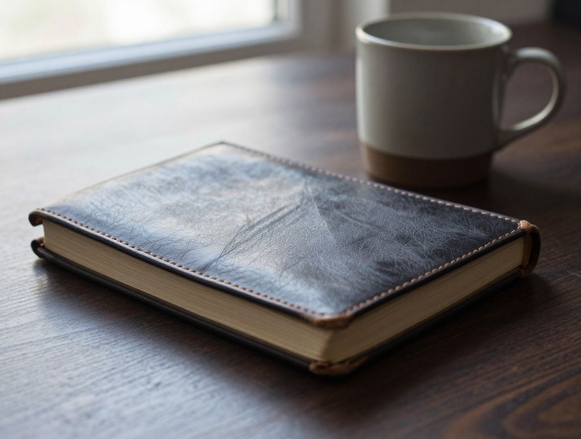 Close-up of a worn leather journal placed on a dark wooden desk next to a ceramic mug, soft natural window light, calm and studious atmosphere with textural depth