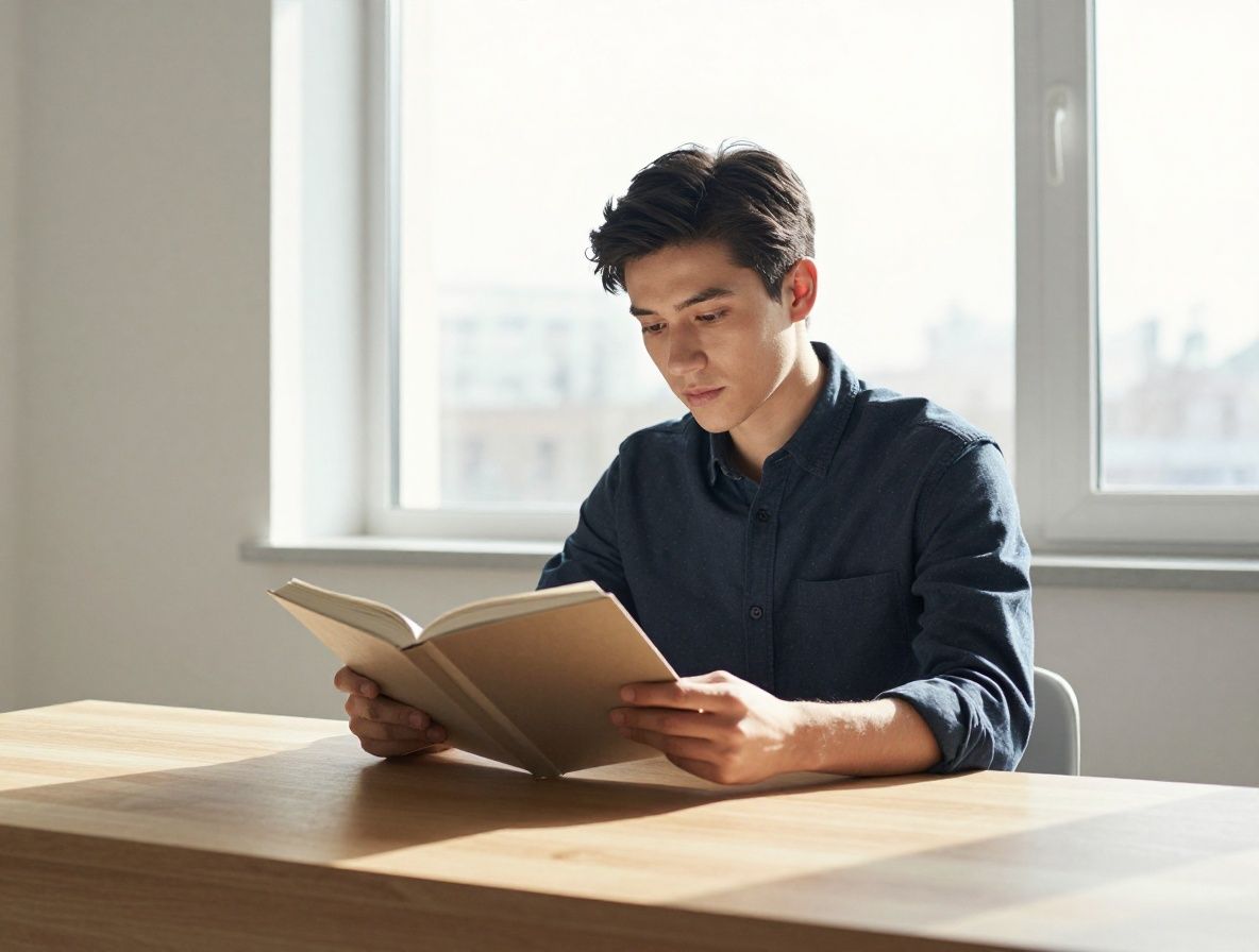Young man reading a large open book at a minimalist wooden desk near a tall window with morning light streaming in, peaceful focused environment, clean and contemplative composition